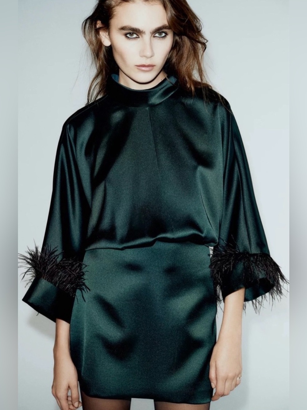 Zara Satin Effect Feather Trim Mini Dress Emerald Green Size M Holiday Party